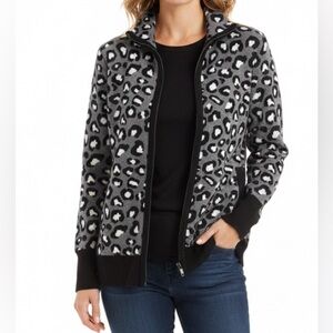 Rachel Zoe Gray Black Leopard Print Full Zip Pockets Cardigan Sweater Size Large